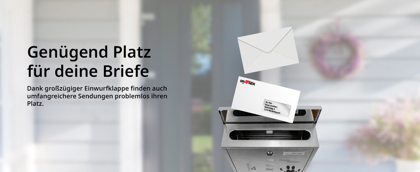 Поштовий ящик Grafner з нержавіючої сталі, персоналізований з газетницею та 2 ключами. Гравіювання імені, вулиці та номера будинку. Комплект для монтажу (Сім'я 4)