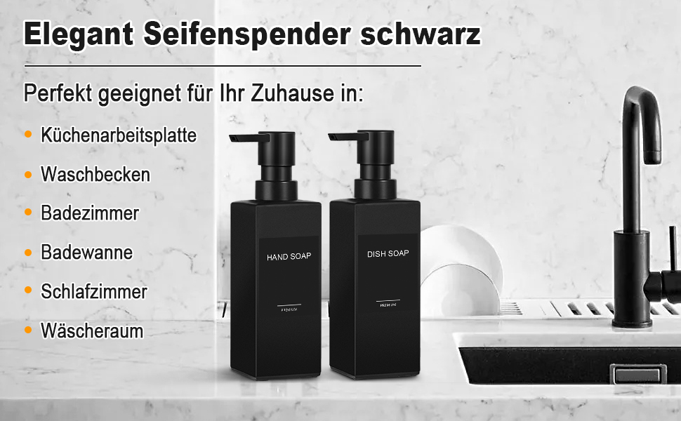 Дозатор для мила GMISUN для ванної кімнати та кухні, 350 мл, чорний скляний диспенсер з піддоном та водонепроникними етикетками (2 шт)