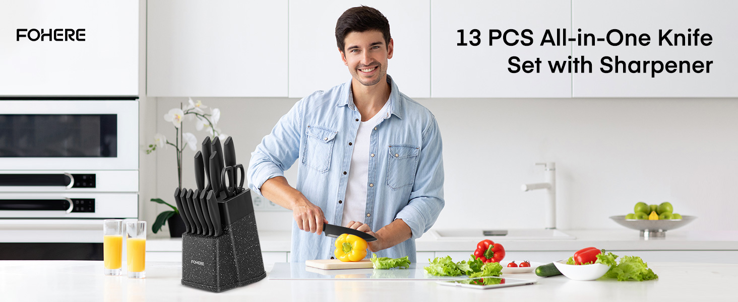 FOHERE 13-Piece Stainless Steel Knife Set with Block & Sharpener - Ergonomic Black Granite Handles