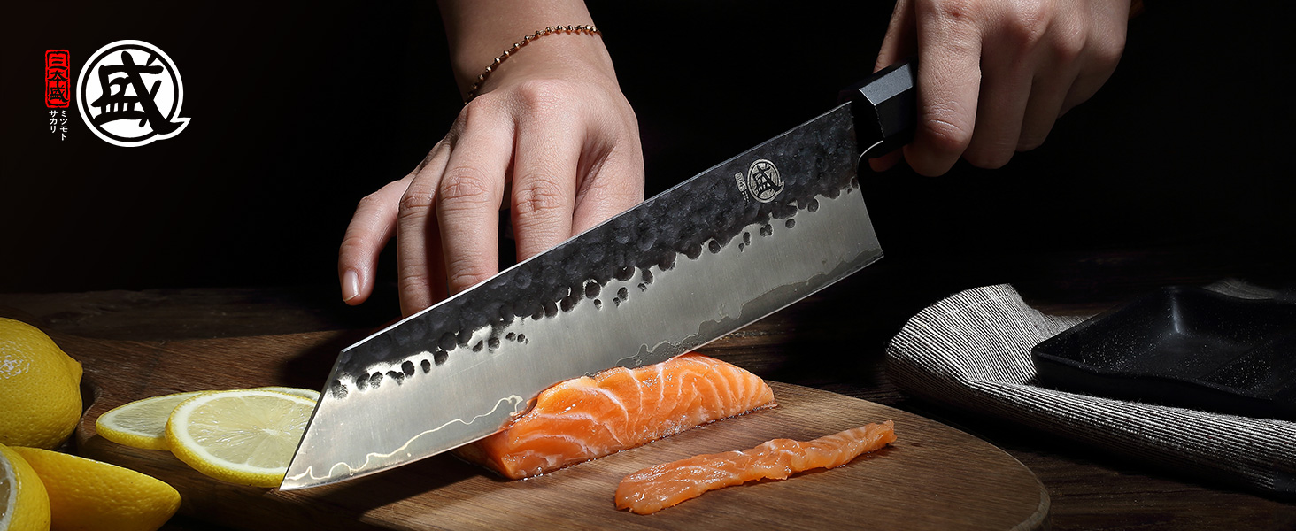 Японський ніж MITSUMOTO SAKARI Santoku 19 см з ручкою з рожевого дерева та Kiritsuke 23 см, ручне кованість, високоякісна сталь