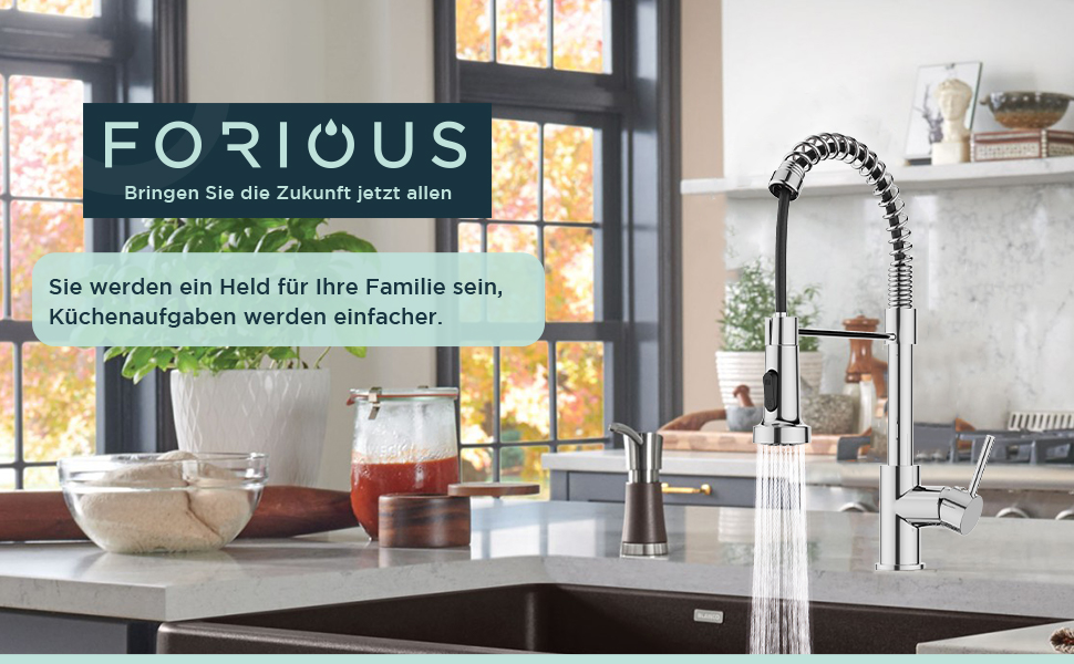 Змішувач кухонний FORIOUS висувний з душем, однорідний, 360° обертання, хром, з витяжкою