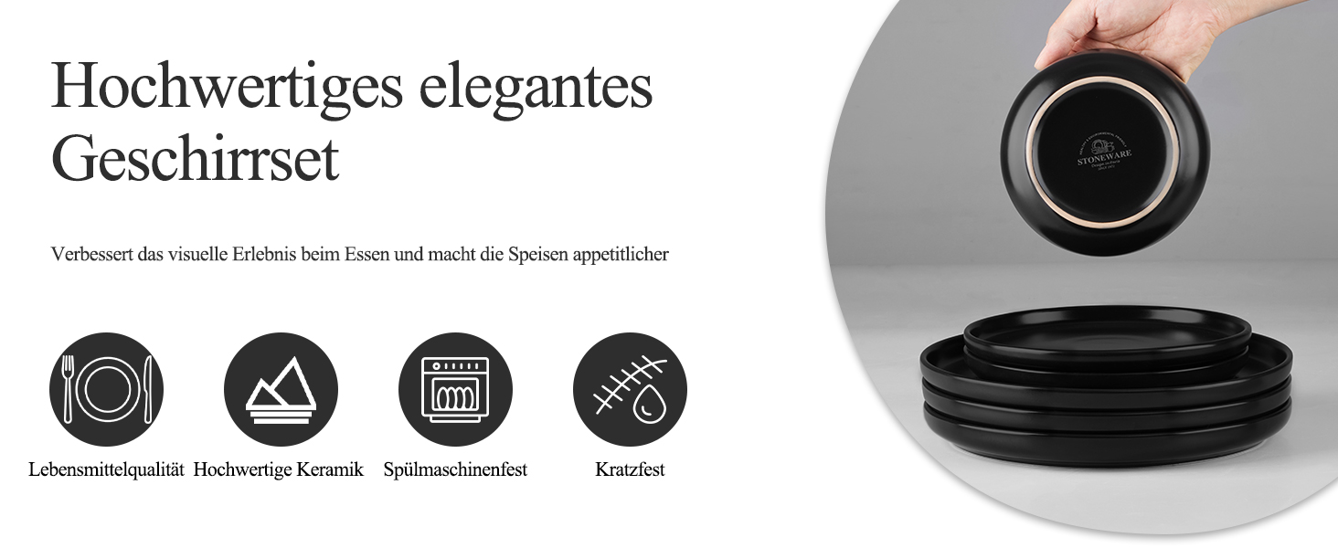 Набір посуду Joyfair на 6 осіб, 18 предметів: тарілки, миски, десертні тарілки, чорний колір, кераміка, для посудомийної машини та мікрохвильової печі