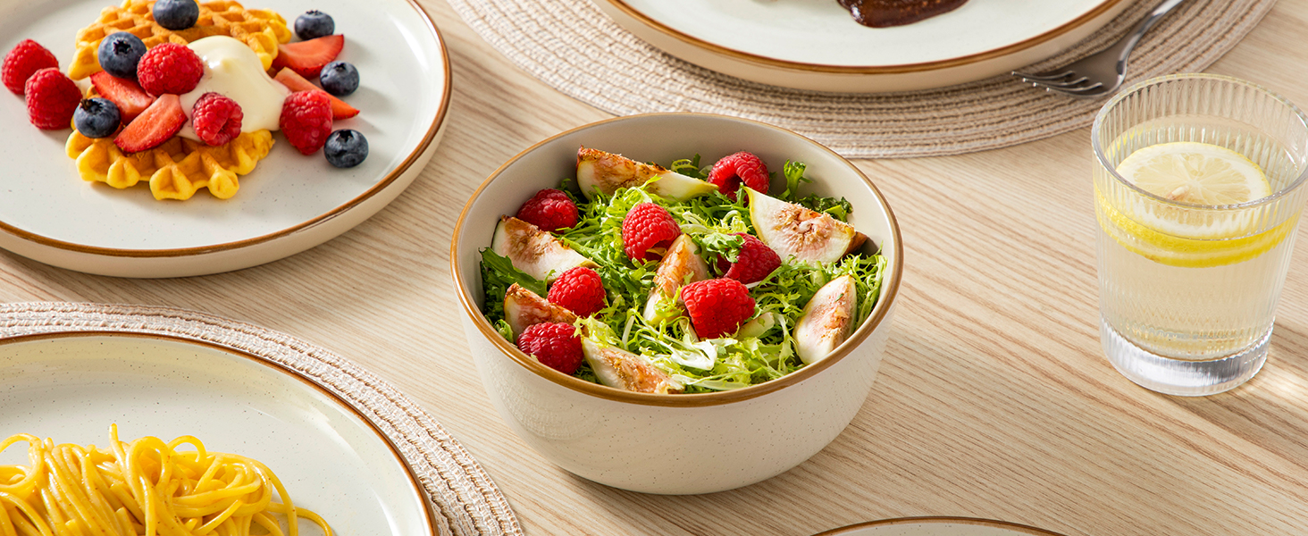 Набір посуду на 6 осіб Vancasso RENO 24 шт. з каменю, сучасний сервіз: тарілки для їжі, супу, десерту, миски. Підходить для миття в посудомийній машині та використання в мікрохвильовій печі. (Бежевий, 36 шт.)