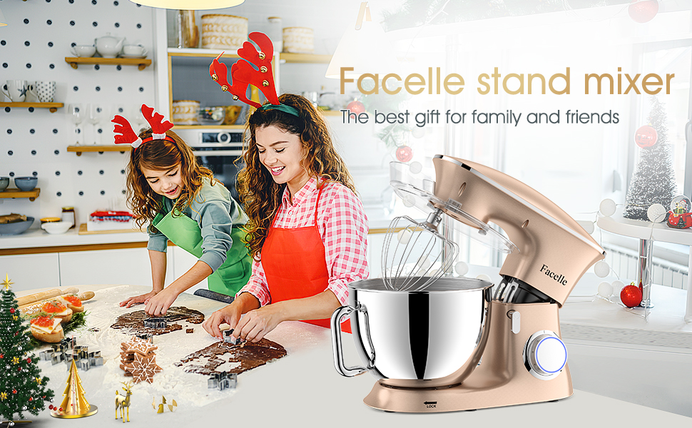 Facelle 2000W 8.5L Stand Mixer - Dough & Cake Mixer with Whisk, Dough Hook, Beater & Splash Guard for Baking, Cakes, Cookies, Kneading, 6+ Speed - Champagne Color