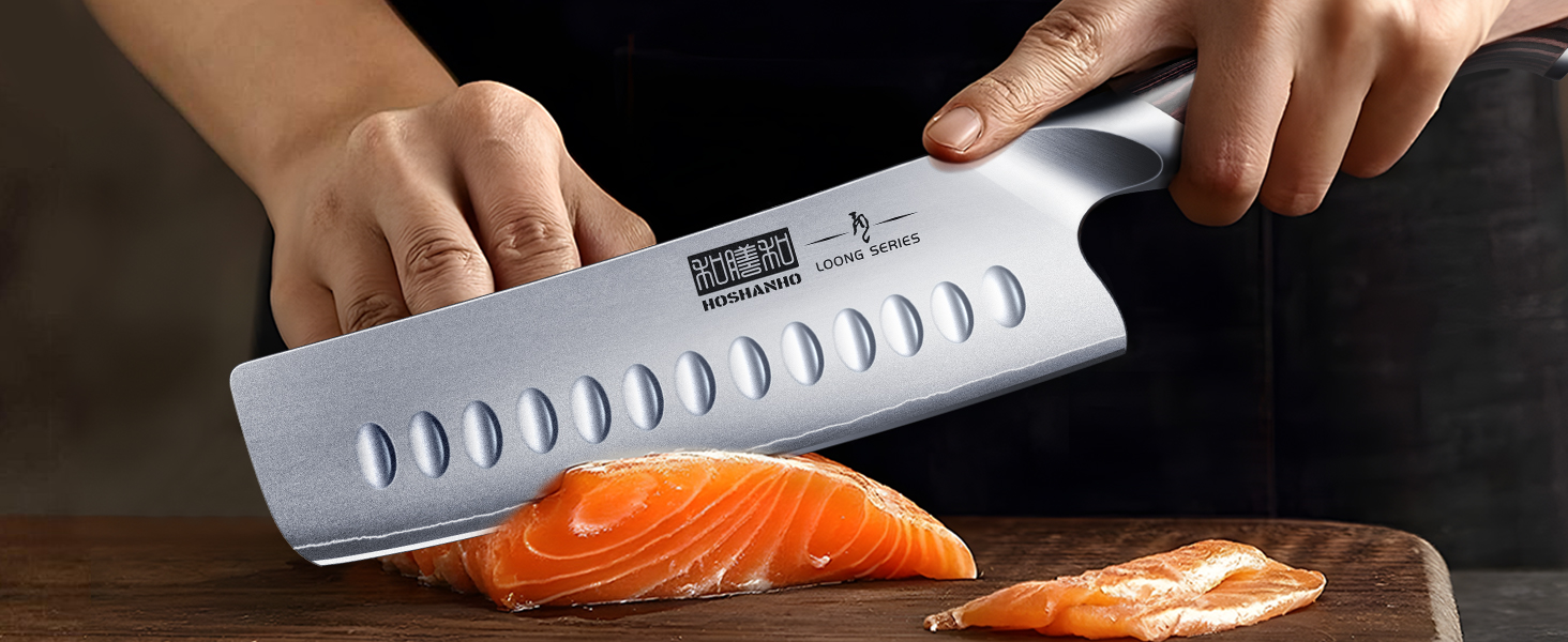 HOSHANHO 8-Piece Knife Set with Wooden Block - Professional Stainless Steel Kitchen Knife Set - Chef's Knife Set for Kitchen (18cm Nakiri Knife, Silver)