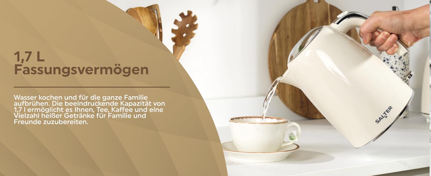 Електричний чайник Salter Retro Cream 1.7L з ретро-дизайном, 2.2 кВт, 360° обертання, фільтр від накипу, бездротовий, індикатор рівня води, захист від сухого кипіння, автоматичне вимкнення, кремовий колір