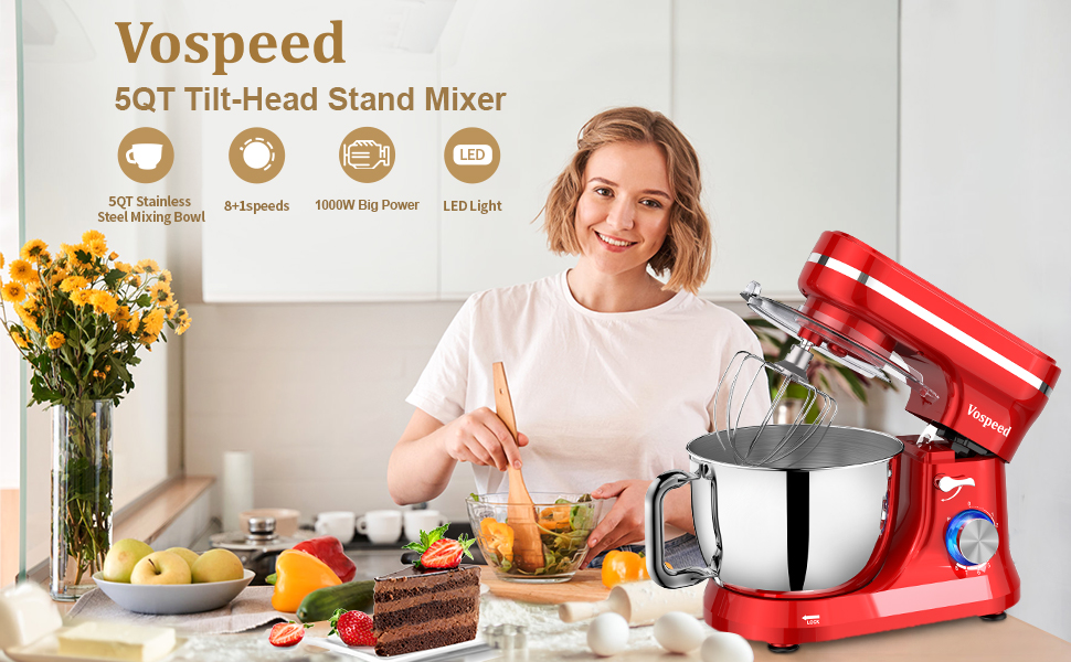 Кухонна машина Vospeed (червона), тістоміс 5QT, 8 швидкостей, чаша з нержавіючої сталі, набір насадок (гак, вінчик, міксер), придатна для мийки в посудомийній машині