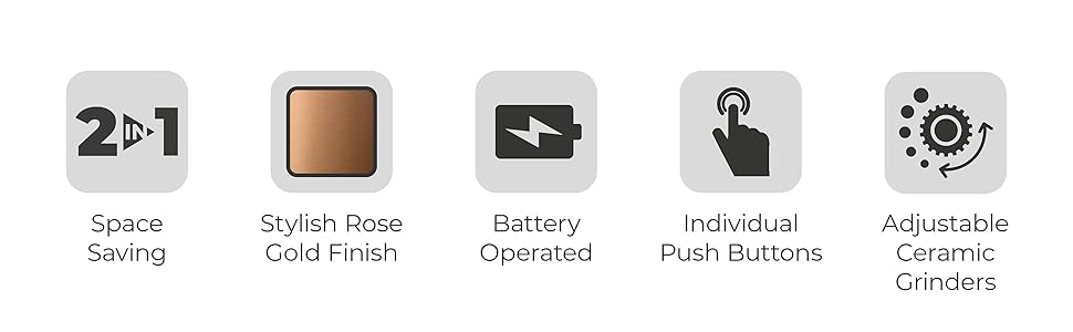 Електричні мельниці для солі та перцю Tower, рожево-золоті, з регульованими керамічними жорнами, T847004PNK Marshmallow Pink