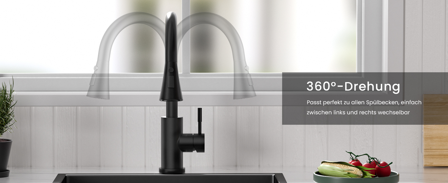 Кухонний змішувач DayOne з висувною лійкою, нержавіюча сталь SUS304, високий тиск, кухонний кран з 2 функціями, поворотний на 360°, для кухні (низький тиск, 247mb-niederdruck)