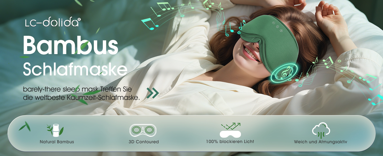 Маска для сну Dolida з Bluetooth навушниками, 3D бамбукова маска для очей для жінок та чоловіків, з мікрофоном, зелена