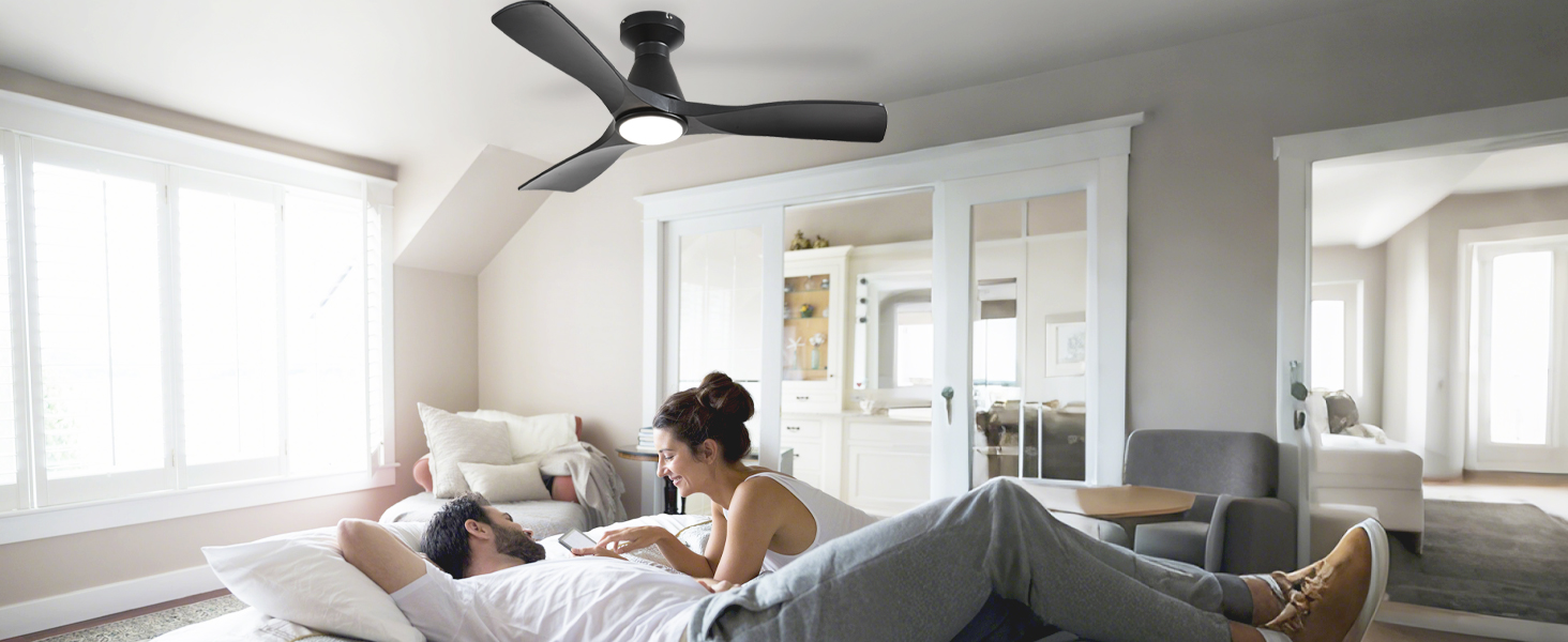 Стелянка вентилятор Depuley 42 дюйми з підсвічуванням: чорний, 3 лопаті, врізний монтаж для спальні. Диммування, керування через додаток, тихий DC-двигун, таймер, чорний колір.