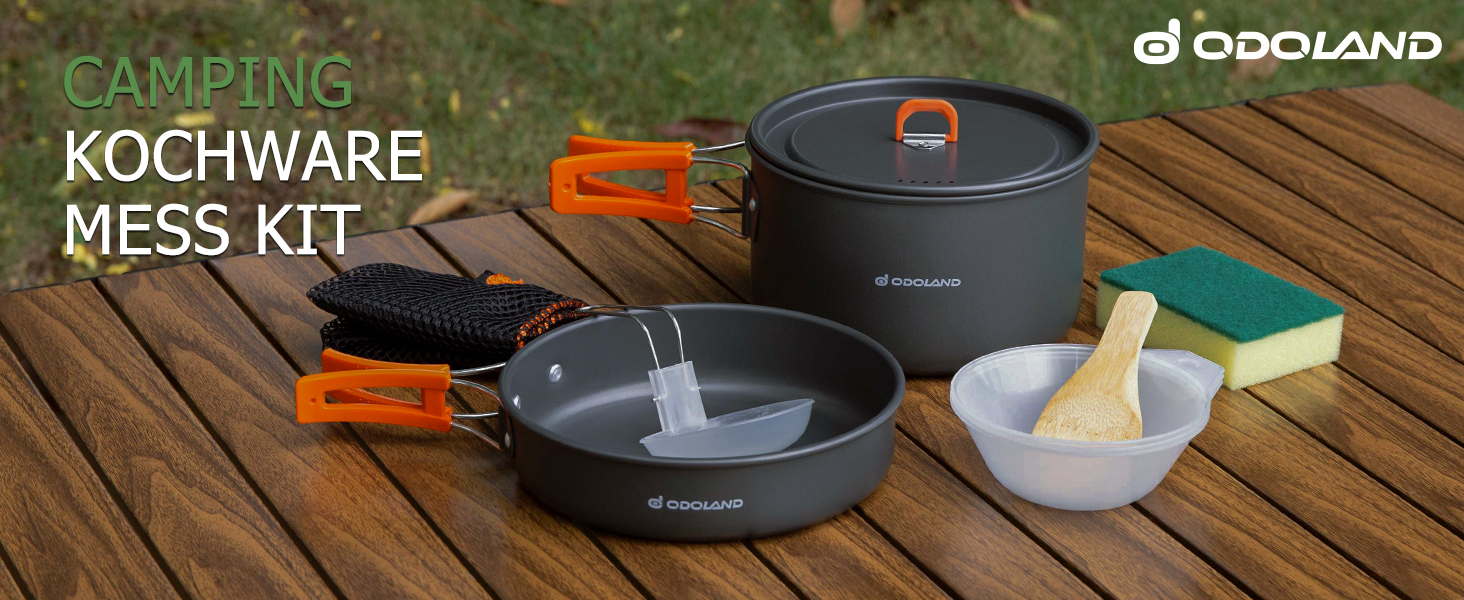 Odoland Camping Cookware Set, 9-Piece Outdoor Dish Set with Camping Pot, Camping Frying Pan for Camping, Outdoor Cooking, Hiking, and Travel
