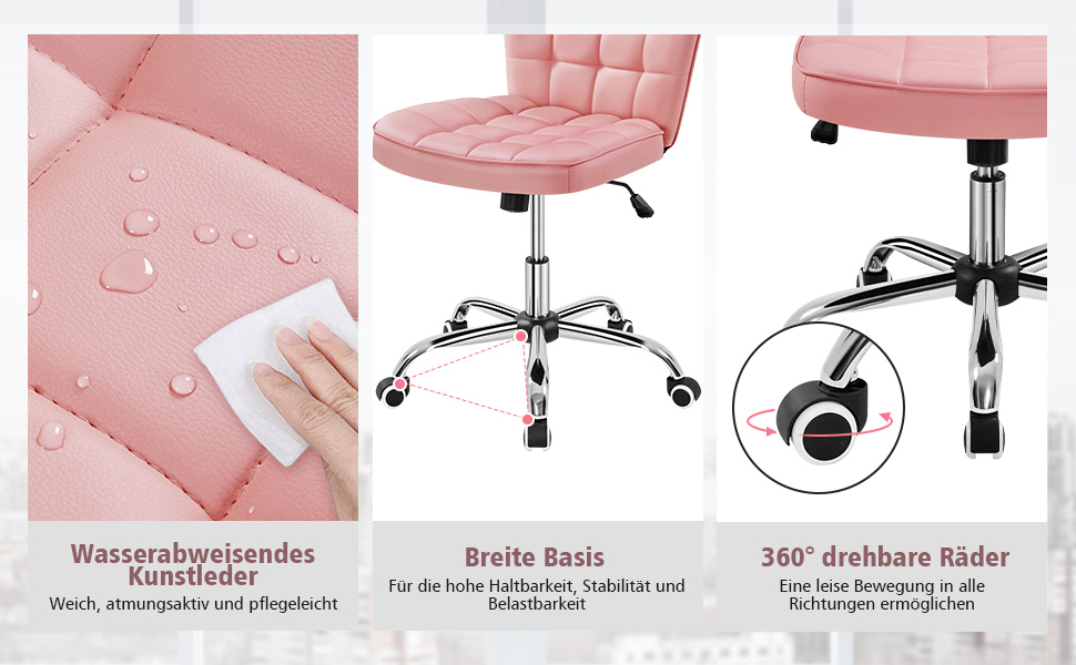 Крісло для дому та офісу Yaheetech, обертове, регульоване по висоті, без підлокітників, на коліщатках, з м'яким сидінням, штучна шкіра, рожеве