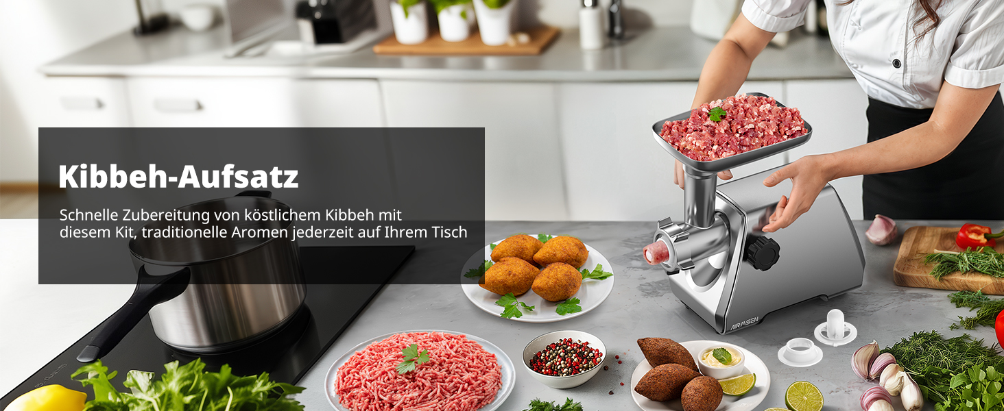 М'ясорубка електрична AIRMSEN з насадкою для ковбас, 2 сталеві ножі, 3 диски, насадка Kubbe, потужний мотор, нержавіюча сталь