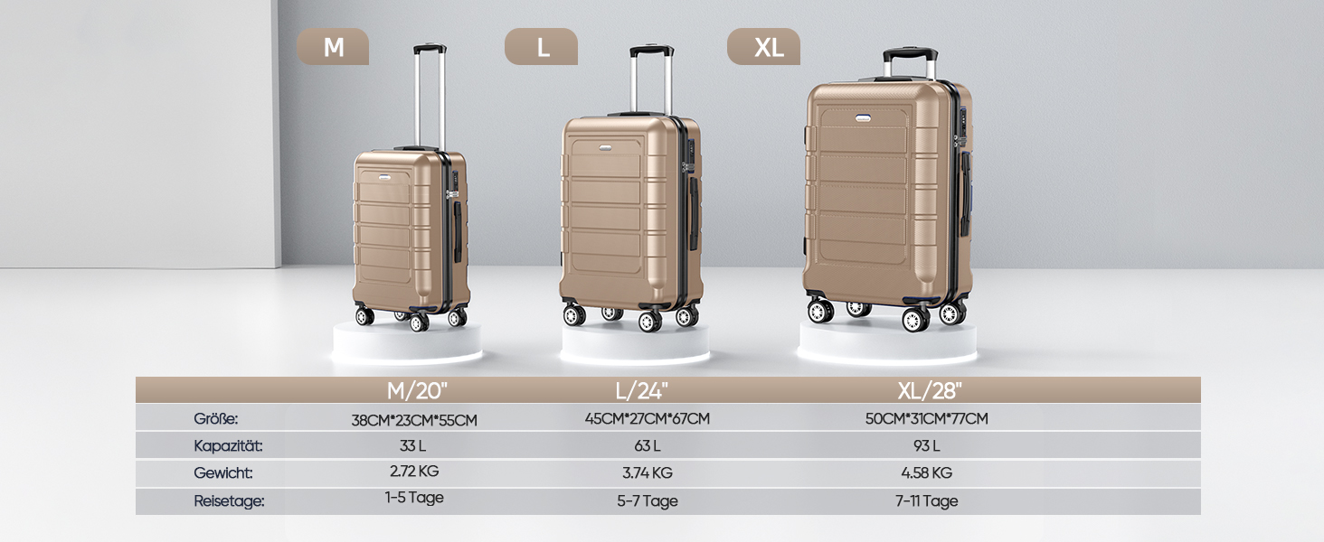 Набір валіз SHOWKOO 3 шт. з жорсткою обшивкою, розширюваний, з TSA замком, 4 колеса (M, L, XL) - Колір: Champagner