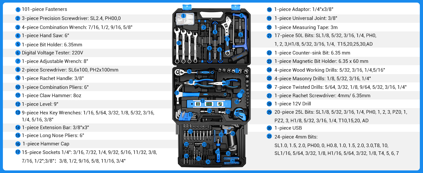 Набір акумуляторної дрилі DEKO 12V: 238 штук у кейсі. Акумуляторна дриль-шуруповерт для дому, рукоділля та ремонту. Комплект інструментів (блакитний)