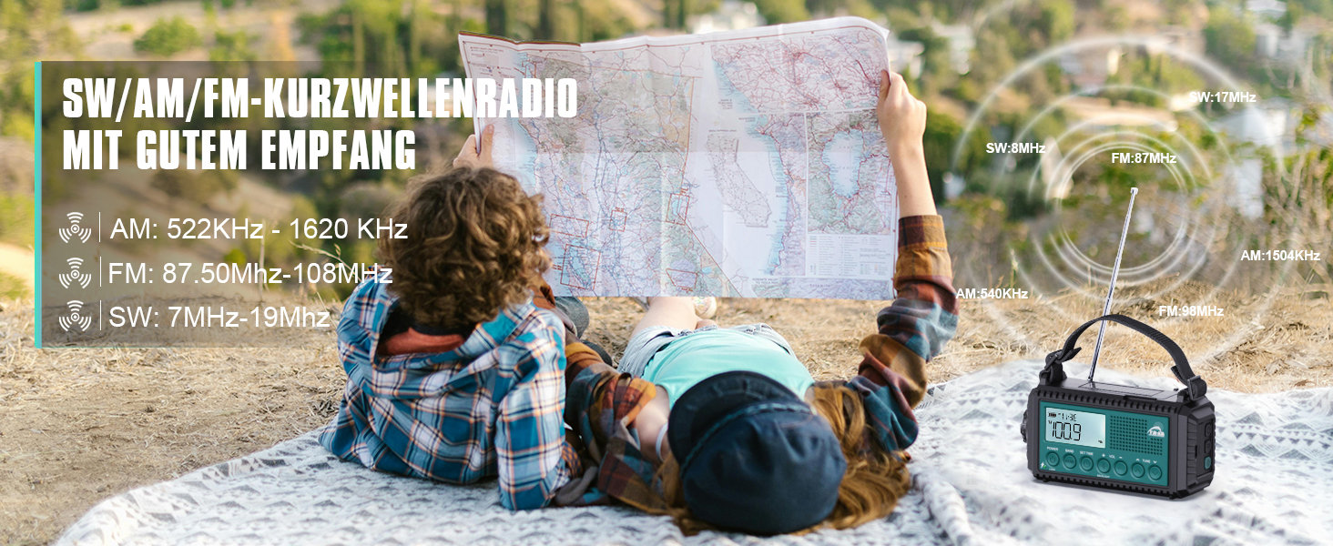 Радіо на сонячній батареї та ручному заводі Kurbelradio 12000 mAh з LED ліхтарем, AM/FM/SW, для надзвичайних ситуацій, чорний