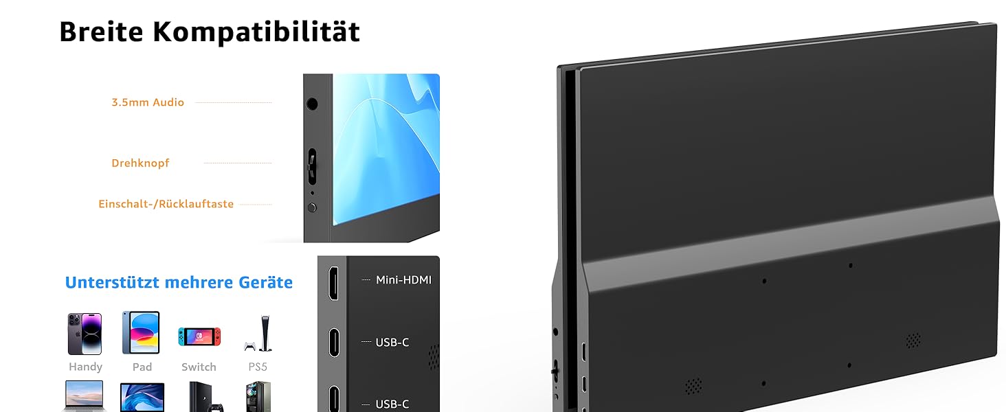 Портативний монітор Yodoit 15.6 дюймів: IPS дисплей FHD 1920x1080, USB-C та HDMI, вбудовані динаміки, захист зору для ПК, ноутбука, Xbox, PS3/4/5, Switch та TV. Чорний колір