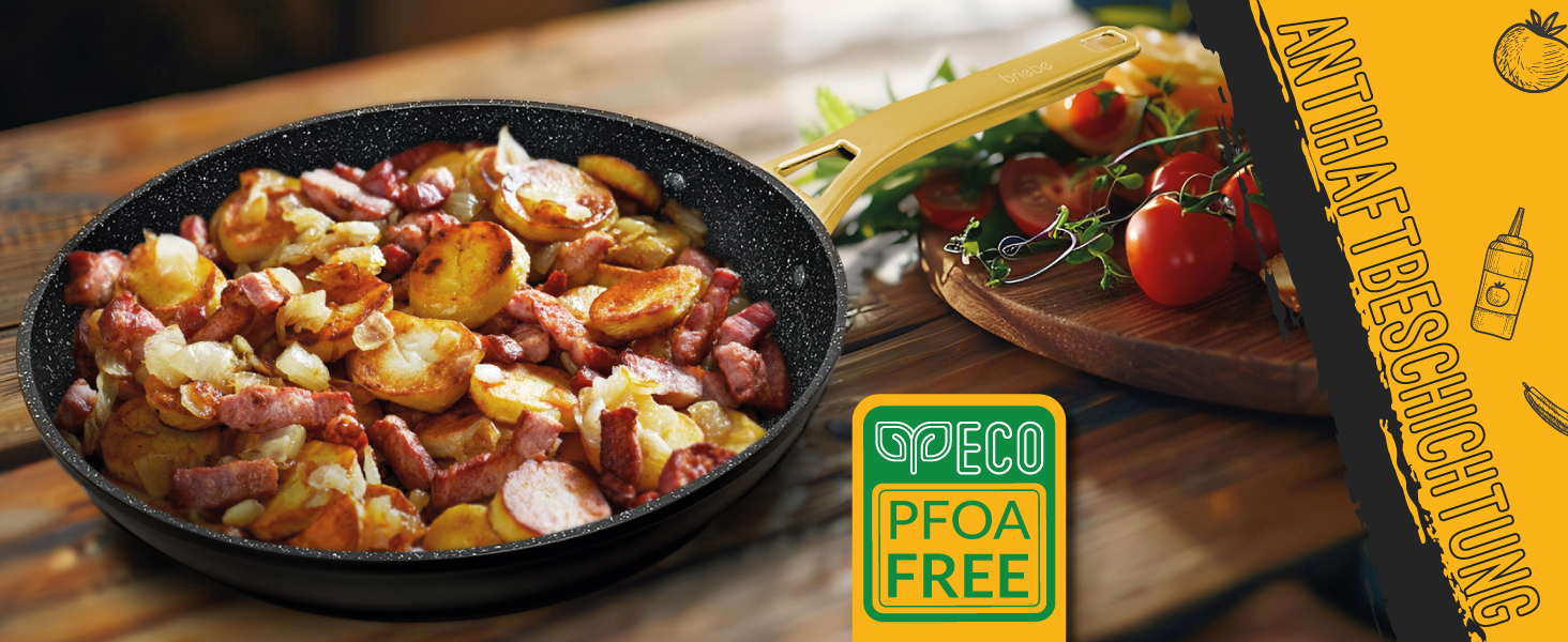 Набір сковорідок Briebe Gold Titanium Set (3 шт.) з титановою поверхнею, антипригарне покриття, для індукційних плит, діаметр 18-20-24 см, коване алюміній, без PFOA, професійні ручки з нержавіючої сталі, сумісний з газовими та склокерамічними плитами