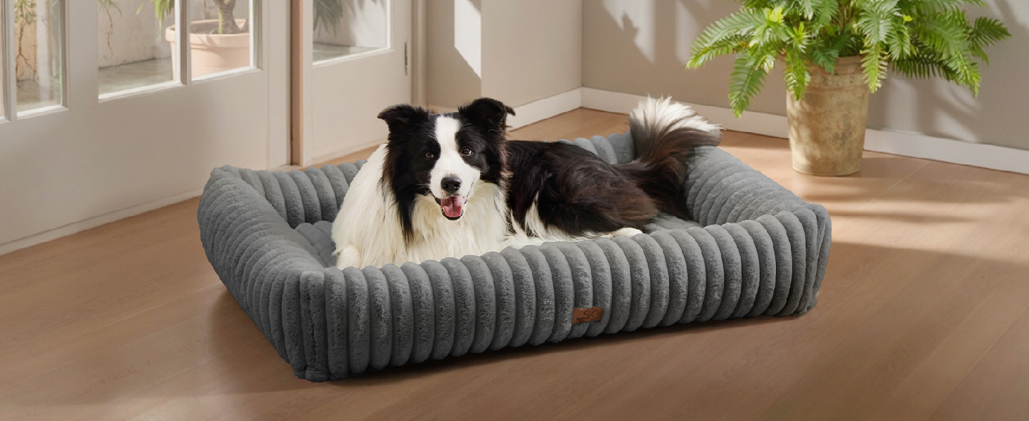 BEDSURE Лежанка для собак великих порід - ортопедична лежанка для собак 91x68x20 см з м'яким флісовим покриттям, ковзаюча лежанка з високим бортиком сірого кольору L 91 x W 68 x H 20 см