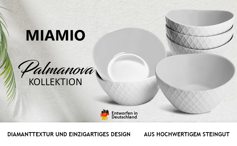 Набір мисок Miamio Palmanova (білий) – 6 шт. по 800 мл – сучасний дизайн, матове покриття