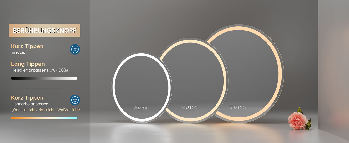 Дзеркало для ванної кімнати Dripex круглої форми з підсвічуванням LED, сенсорне керування, регулювання яскравості, 3 кольори світла, запобігання запотіванню, 60x60 см