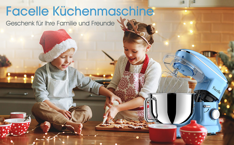 Кухонна машина Facelle 1500W з нержавіючою чашею 6.2L, 6 швидкостей, комплект насадок (міксер, гак для тіста, вінчик, сплеск-захист), блакитна