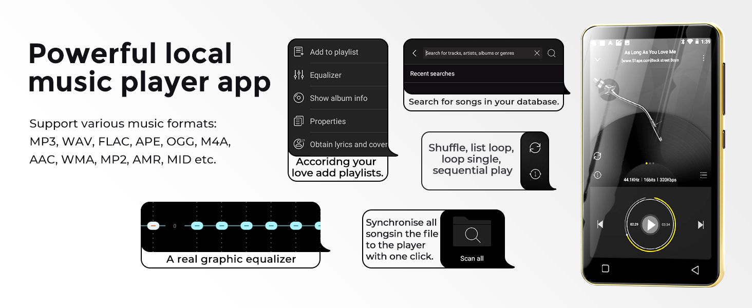 MP3 плеєр 160GB з Bluetooth та WiFi, Android, Spotify, Amazon Music, 4