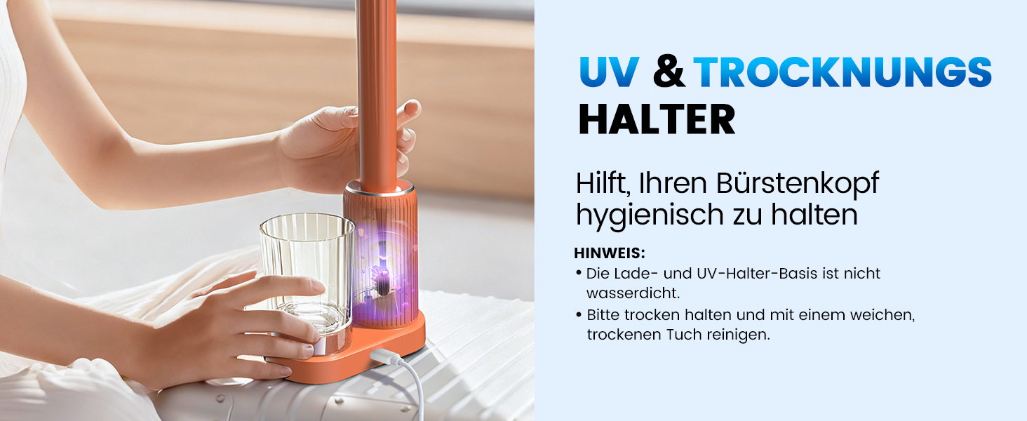 Електрична звукова зубна щітка JTF з УФ-дезінфекцією та сушінням, бездротова зарядка, 5 режимів чищення, 6 насадок, стаканчик для полоскання, акумуляторна для дому та подорожей (Помаранчева)