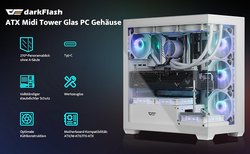 darkFlash DS900: Корпус для ПК ATX Mid-Tower з 4 PWM ARGB-вентиляторами, подвійна скляна панель, підтримка радіаторів водяного охолодження 360mm, USB Type-C, чорний