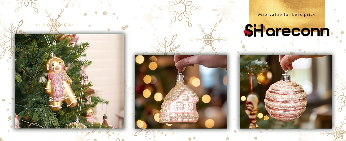 Набір прикрас на ялинку Shareconn 65 шт. - пластикові ялинкові кулі, міцні, з мотузкою, різні розміри та кольори (червоний, білий, рожевий, золотий)