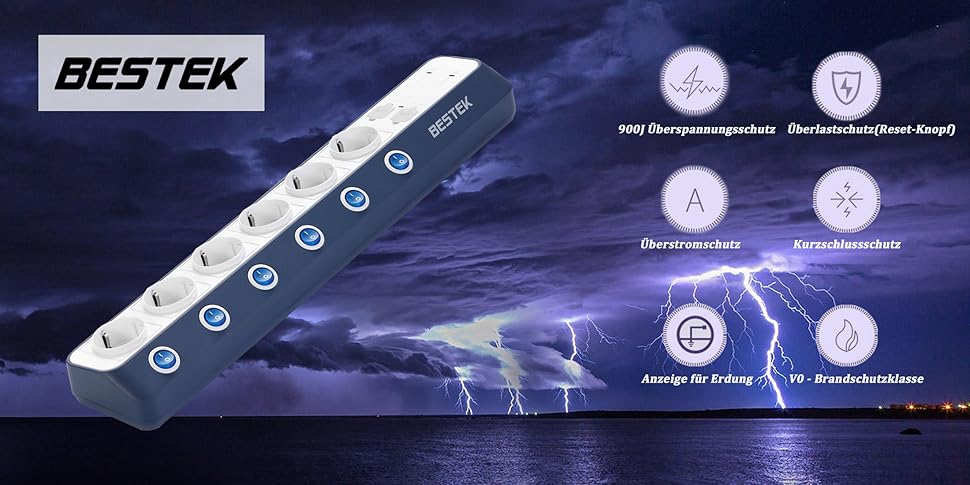 Мережевий фільтр BESTEK з 6 розетками, 4 USB, захистом від перенапруги 900 Дж, вимикач, синій та білий