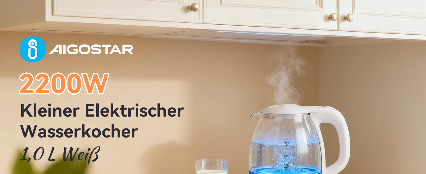 Електричний чайник Aigostar зі скла, 1 л, 2200W, LED-підсвічування, автоматичне відключення, захист від сухого кипіння, BPA Free, білий