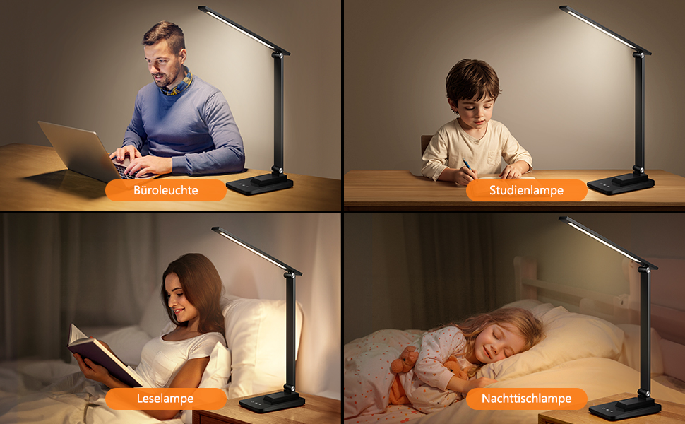 LED лампа настільна для дому та офісу, 15 режимів, денне світло, 1000LM, регулювання яскравості, 3600mAh, чорний колір