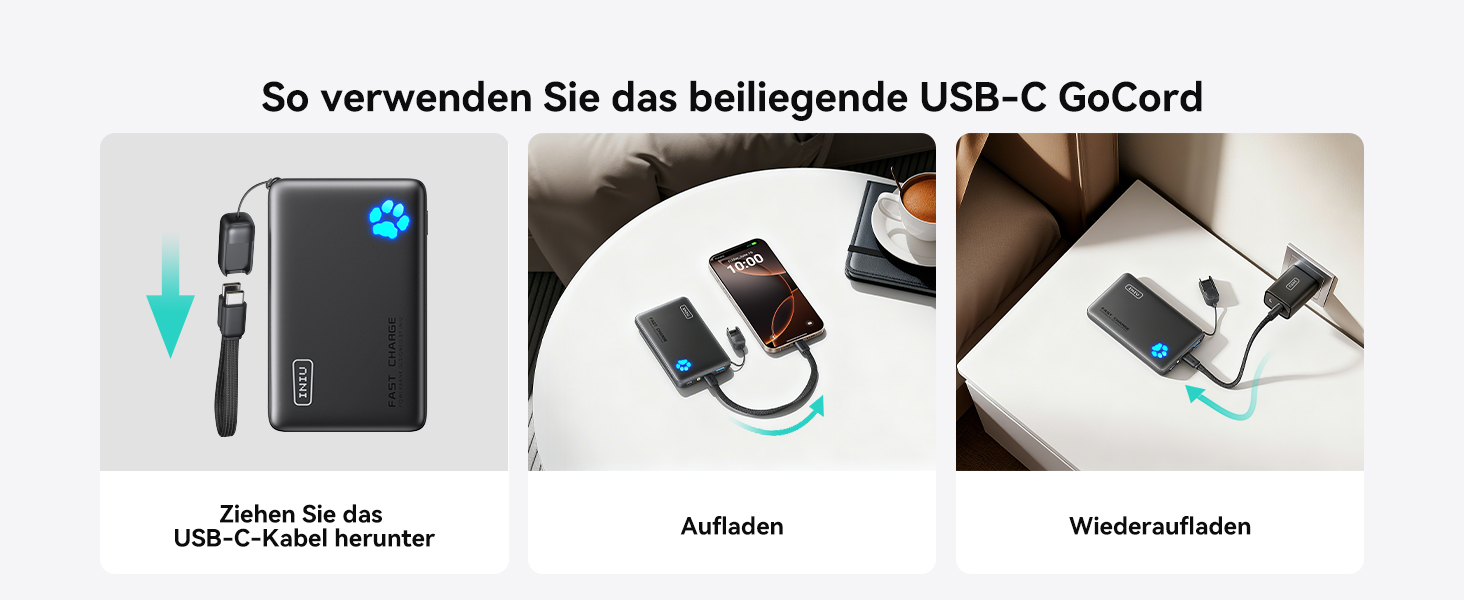 Power Bank INIU 10000mAh 45W USB-C PD3.0 з ліхтариком, бежевий - Зовнішній акумулятор для iPhone, Samsung, iPad