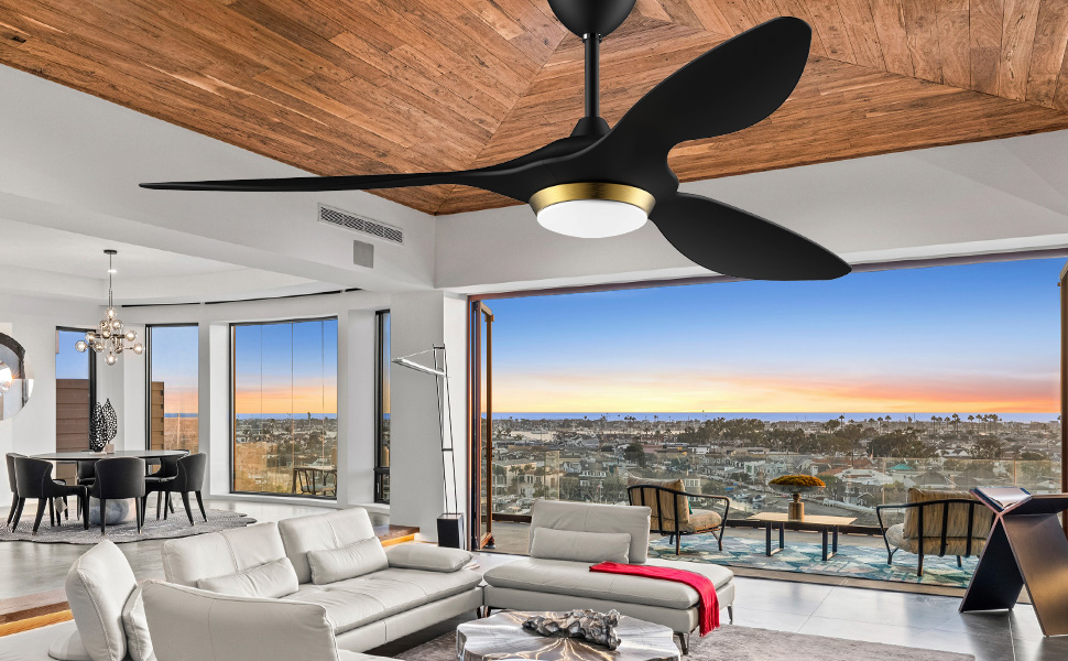 Стеляний вентилятор Reiga з підсвічуванням та пультом керування, 132 см, тихий реверсивний двигун, 6 швидкостей, таймер, регулювання яскравості та 3 колірні температури, коричневі лопаті (чорно-золотий колір)