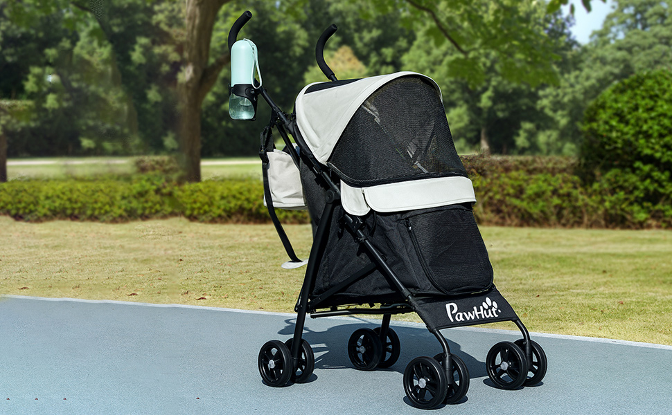Візок для собак PawHut - блакитний, з регульованим козирком, складний, з подушкою, тримачем для чашок та кишенею для зберігання
