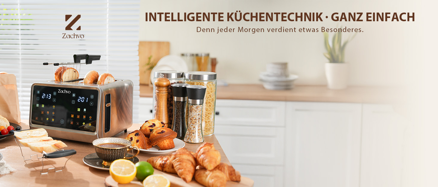 Тостер на 4 шматочки з сенсорним екраном та таймером – нержавіюча сталь, довгі слоти, 2 незалежні зони температури, підставка для бургерів та сендвічів, 6 програм, срібний колір