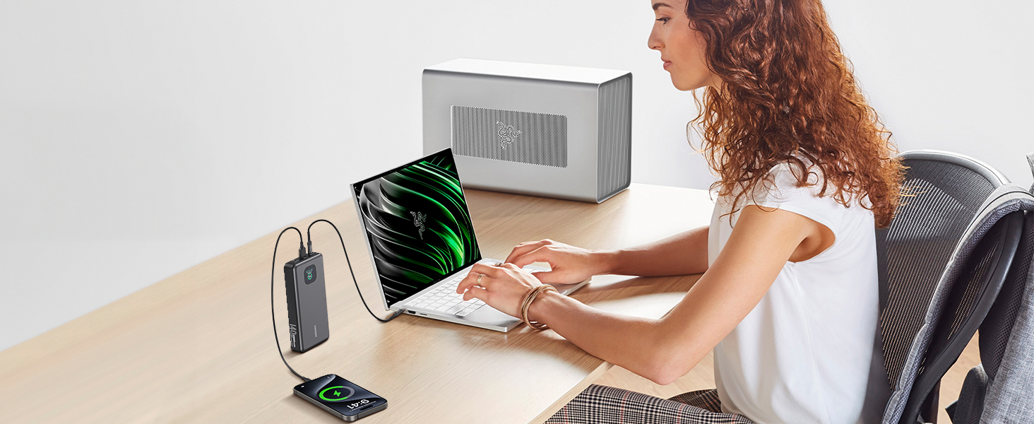 Power Bank 140W, 25000mAh з дисплеєм для ноутбука, MacBook, iPad, iPhone, Switch, Dell XPS (Сірий)