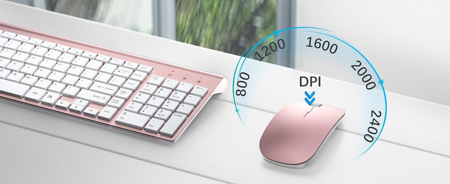 Комплект клавіатури та миші TopMate 2.4G Ultra Slim: тиха клавіатура з перемикачами Schissschalter та миша 2400DPI USB, з чохлом та батарейками AA/AAA, для ПК/ноутбука/Windows/Mac (Рожеве золото, Білий)