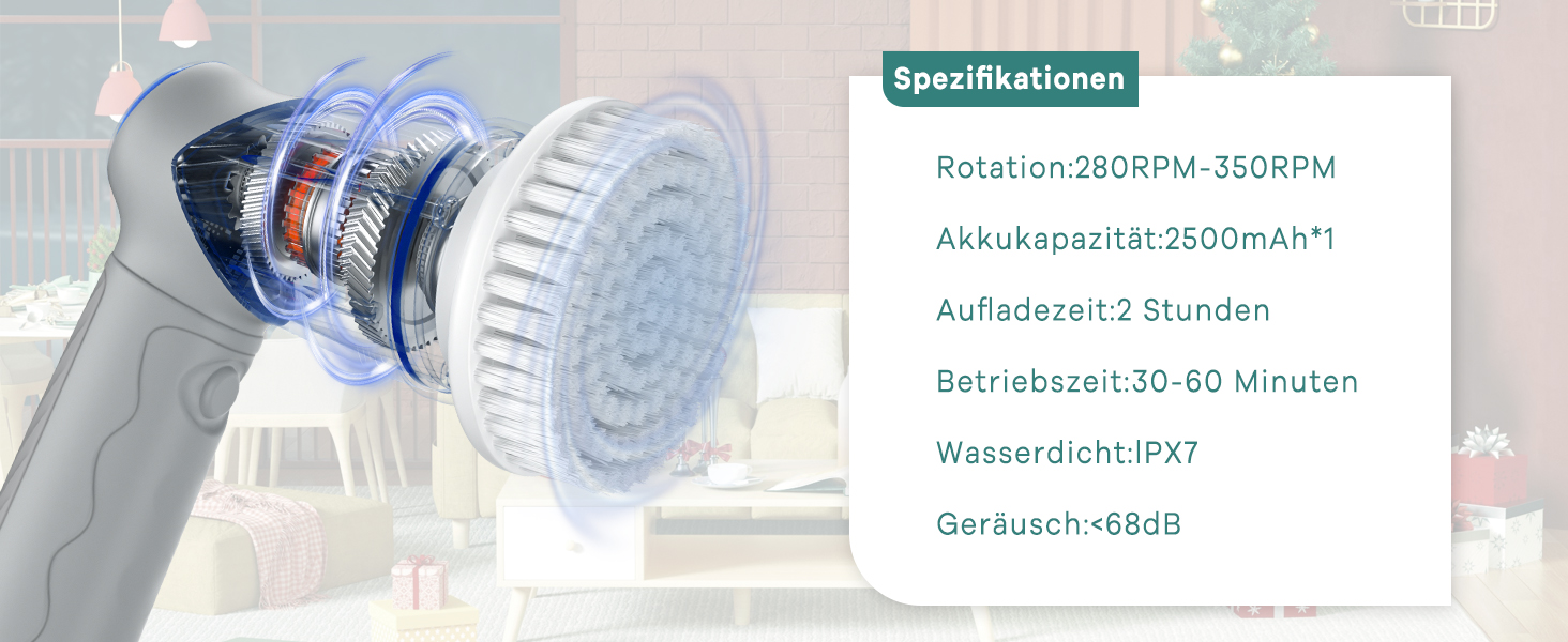 Електрична щітка для прибирання 7 в 1 з регульованою ручкою, змінними насадками, 2 швидкості, для ванни, плитки, IPX7, білий/сірий колір