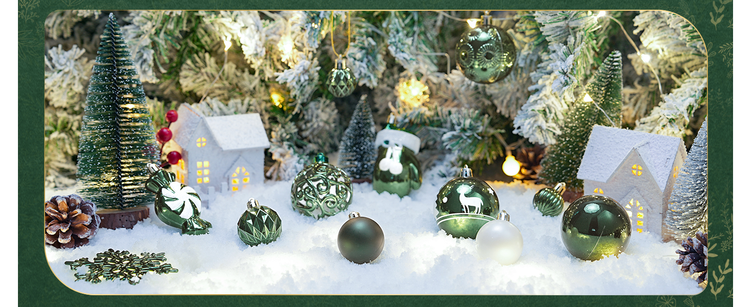 Набір ялинкових прикрас SOLEDI® 128 шт. Преміум якість, пластикові кулі білого кольору з зіркою, міцні та безпечні, набір прикрас з гачками, кольорові ялинкові кулі, багаторазовий декор на Різдво (зелений)