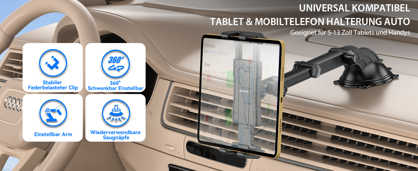 Тримач для планшета та смартфона в автомобіль OHLPRO, універсальний кронштейн на присосці для лобового скла та торпедо, поворот на 360°, висувний тримач 18 см, для пристроїв 4.7-13 дюймів