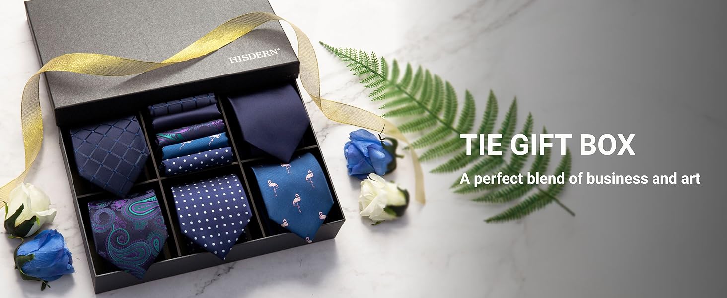 HISDERN Набір краваток для чоловіків (5 шт.) з кишеньковим хустинкою. Класичний елегантний аксесуар для весілля. Шовкові краватки та хустинки в подарунковій коробці.