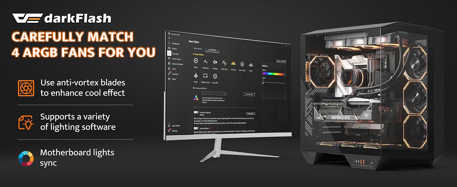 darkFlash DY470 - Корпус для ігрового ПК Full-Tower ATX з 4 PWM-ARGB вентиляторами, сумісний з RTX 40, 2 камери, панорамне скло, підтримка 2 x 360 мм радіаторів, білий колір