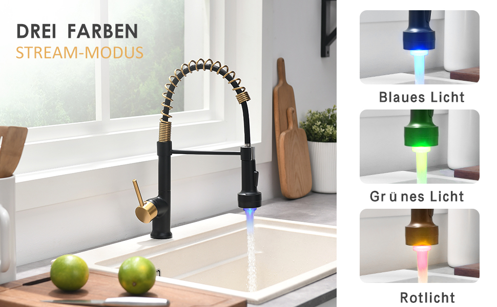 Кухонний змішувач AIMADI висувний, високого тиску, з 2 режимами (струмінь та розпилення), поворотний на 360°, однорегуляторний для кухонної мийки (з LED-підсвіткою, золотий)