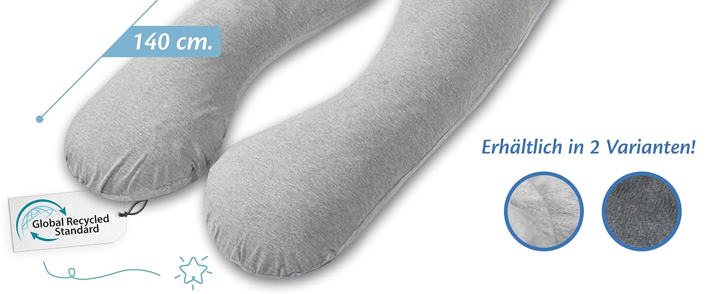 Вагітне подушка Ella, U-подібна подушка для сну на боці, U-подушка, подушка для годування з бавовняним чохлом, подушка для тіла та підтримки для жінок, для сну на боці - 140 x 80 см, сіра U, бавовна