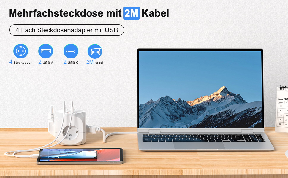 Блок розеток з USB-C, 4 розетки, плоский штекер, індивідуальне вмикання, багаторозетка-куб з 2м плетеним кабелем для офісу, дому, подорожей - білий 002-MF (4 розетки 2м)