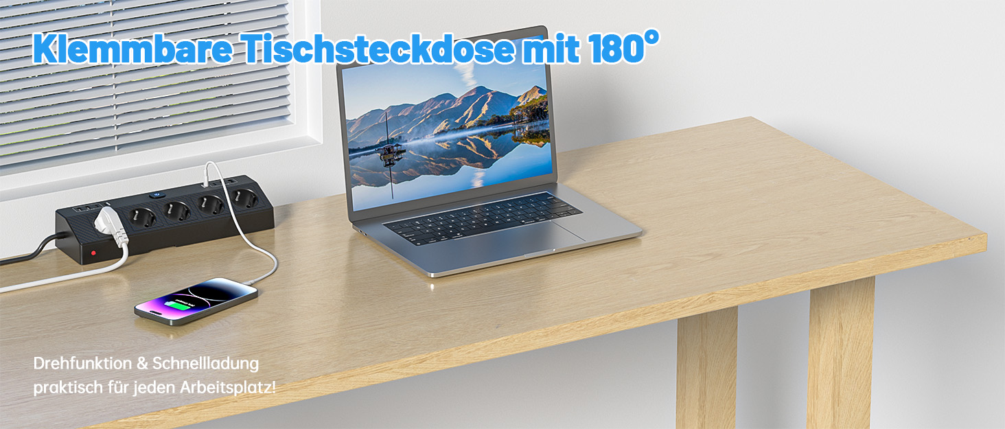 Мережевий адаптер PASSUS з 5 розетками, 2 USB-C (PD 30W), захист від перенапруги, індивідуальне вмикання, 10-в-1, з кабелем 2м, для офісу, чорний