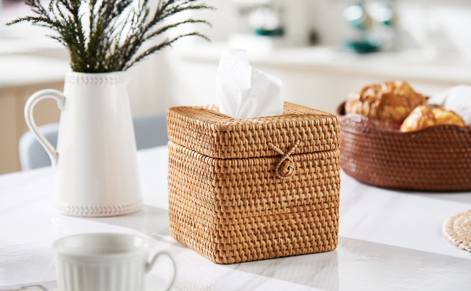 Скляниця для серветок з ротангу – органайзер для ванної, кухні, офісу. Декоративний тримач для серветок, 14,5 x 14,5 x 12,7 см. Натуральний матеріал